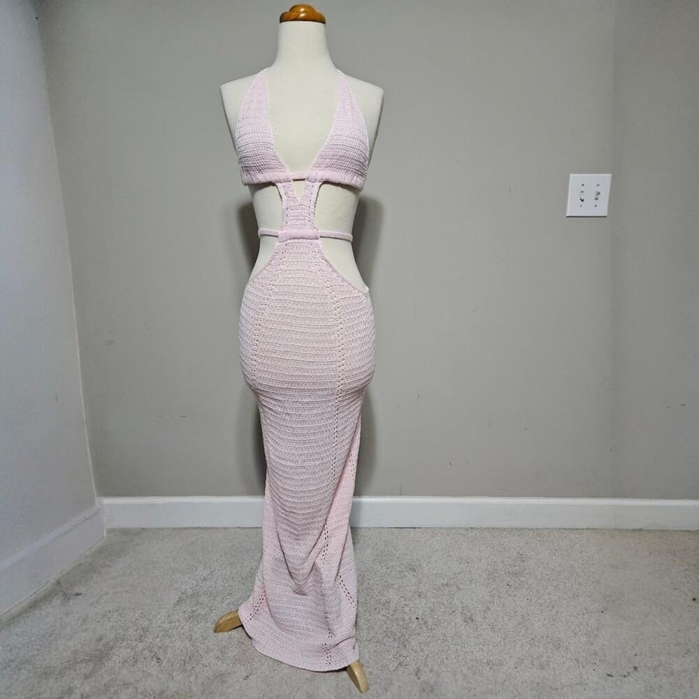 Pink Crochet Cutout Maxi Dress Halter Backless Beach Vacation Knit Long Dress